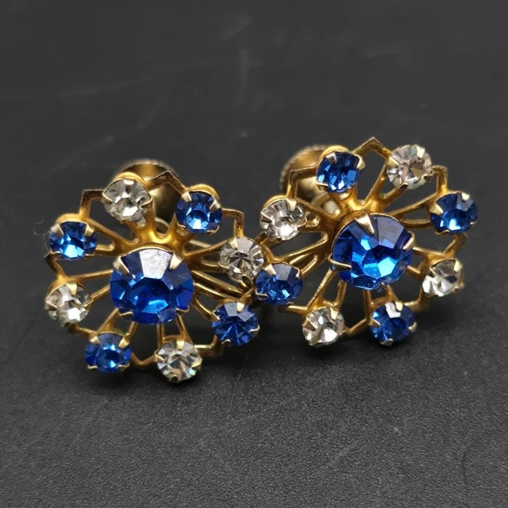 Darius Blue Rhinestone Screw Back Earrings Star Burst Flower Vintage Jewelry
